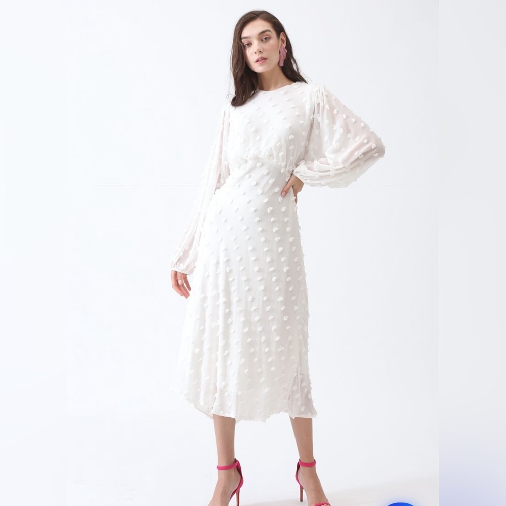 EUC Chicwish White Polka Dot “Cotton Candy” Sheer Midi Dress Size Small
